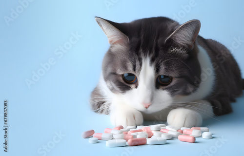 Cute sick sad cat is lying down and looking at the pills. Blue background photo