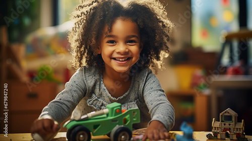 Cute African American child is playing in his child's room photo