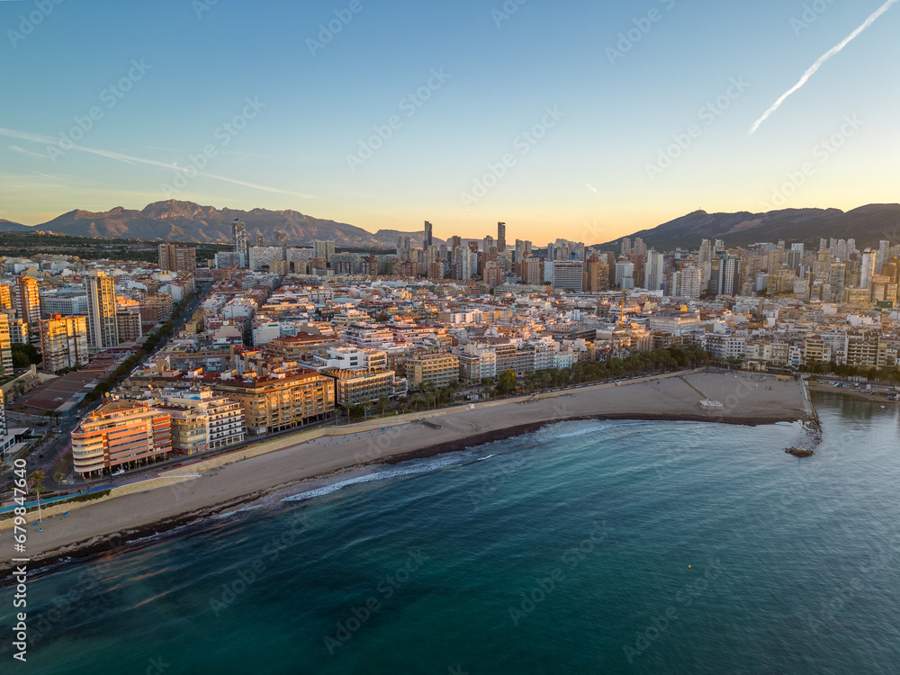 Aerial drone photo of the skyline of the coastal town named Benidorm in the Costa Blanca, Spain