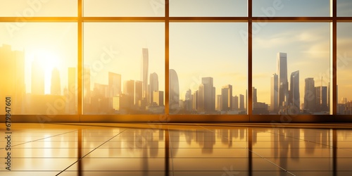 a large window with a city skyline in the background
