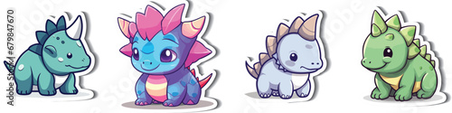 Colorful Triceratops Cartoon Stickers in Vector. Add a playful touch to your designs with these cheerful Triceratops dinosaur stickers. High-quality  isolated vectors for your projects 