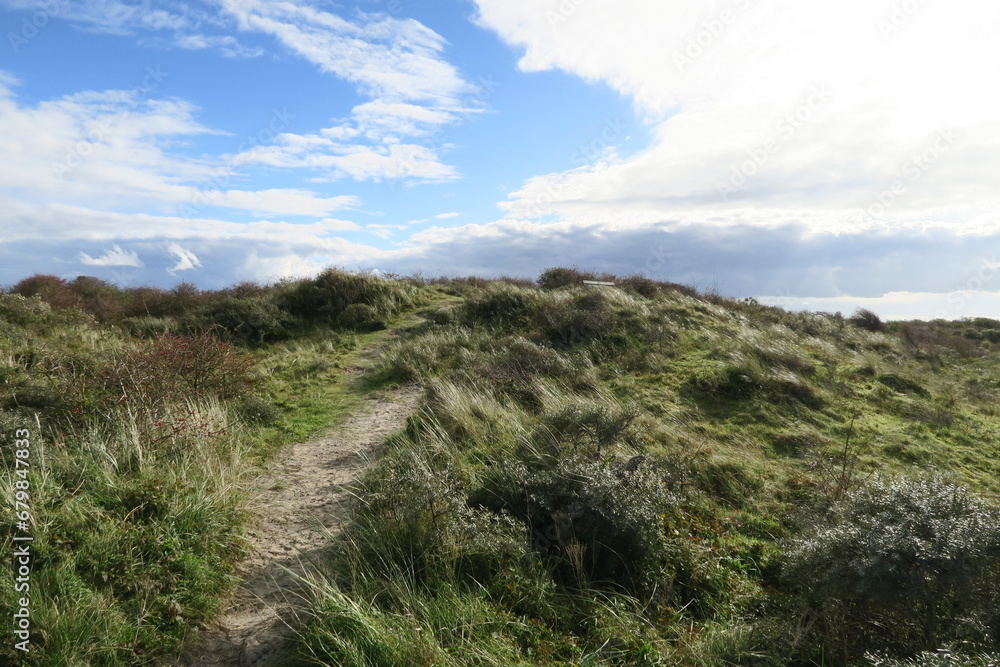 Vom Sandweg dieser Düne bietet sich im Westen der niederländischen Nordseeinsel Schiermonnikoog ein Panorama der Dünenlandschaft.