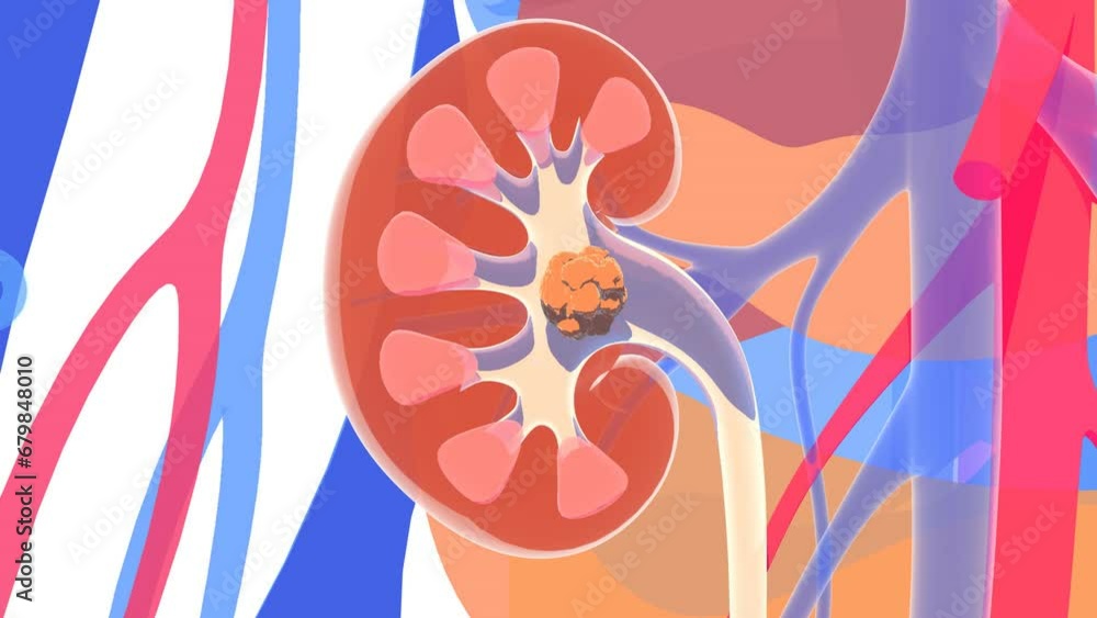 3D graphic animation of the interior of kidney with stone. And the