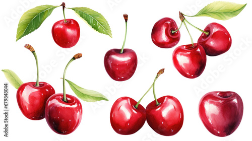 Set of watercolor cherry isolated on white background, png