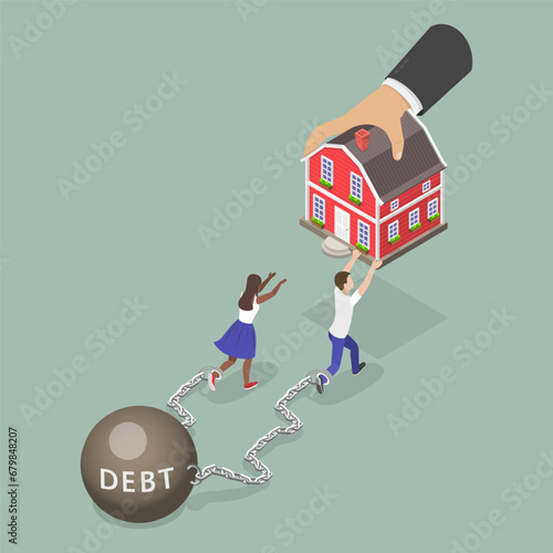 3D Isometric Flat Vector Illustration of Eviction And Mortgage Debt, Fighting to Hold Back a House