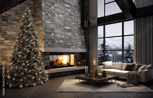 Modern interior with decorated Christmas tree and fireplace © Mehmetali