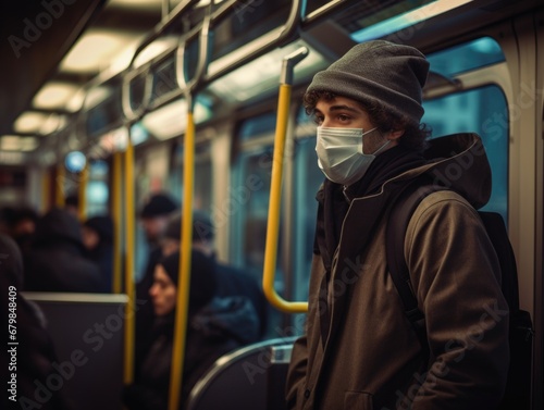 Crowd of people wearing face mask on a crowded public subway train travel . Coronavirus disease or COVID 19 pandemic outbreak and urban lifestyle problem in rush hour concept . photo