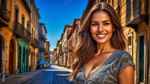 4K Video: Beautiful Modern Girl Smiling in Old Neighborhood Street - Nostalgic Charm   © Faiza