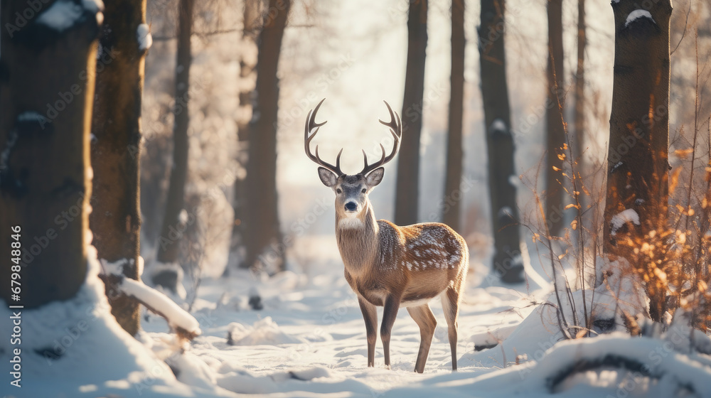 wild sika deer in the forest, trees, fawn, roe, antlers, winter, snow, new year, christmas, postcard, nature, cute, animal, eve, fairy tale wild sika deer in the forest, trees, fawn, roe, antlers, winter, snow, new year, christmas, postcard, nature, cute, animal, eve, fairy tale