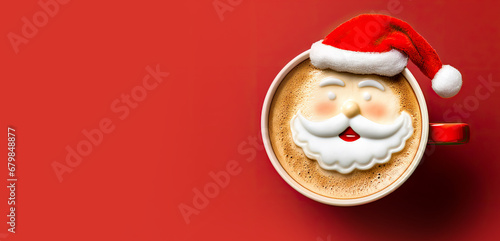 Illustration of latte art cup with milk foam Santa Claus. Christmas coffee cup. Cozy atmosphere. Holiday background with copy space. Christmas and New Year cappuccino coffee. photo