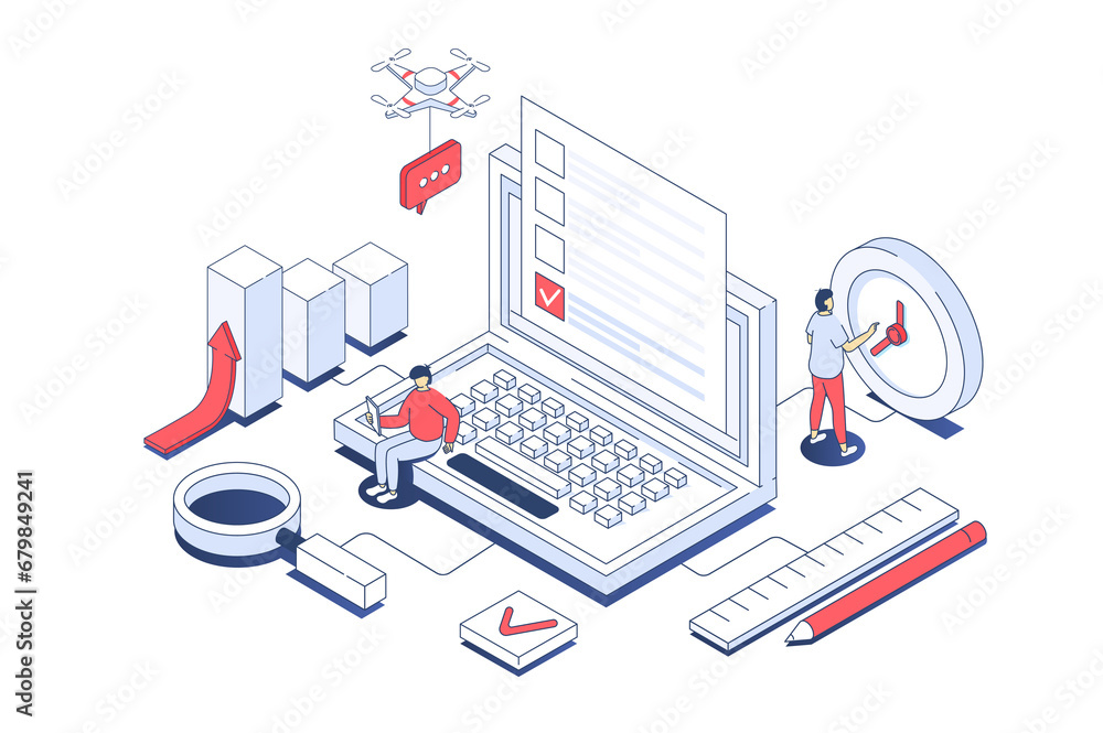 Online survey concept in 3d isometric design. Men filling questionnaire on laptop, giving feedback, marking answers in checklist form. Illustration with isometry people scene for web graphic. - obrazy, fototapety, plakaty 