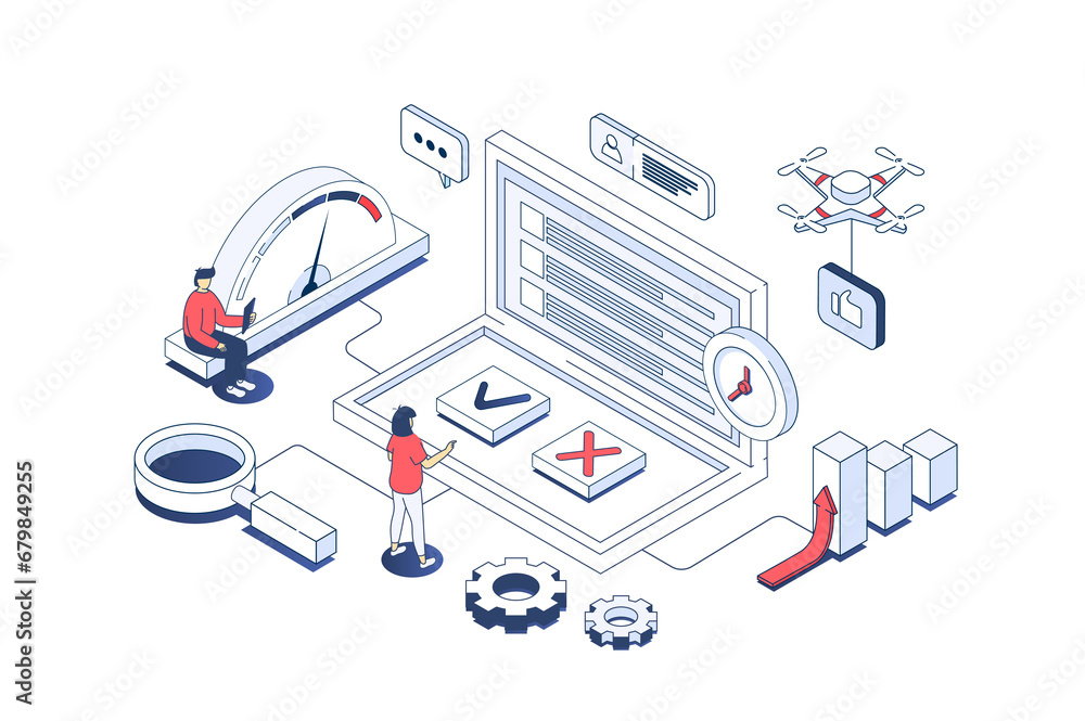 Internet survey concept in 3d isometric design. Users answering in checkbox list, giving client feedback in online questionnaire form. Illustration with isometry people scene for web graphic.