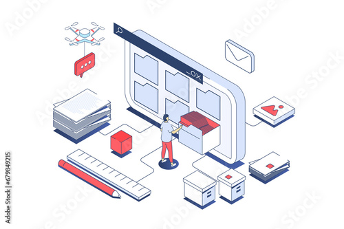 Electronic organization files concept in 3d isometric design. Man organizing files in folders on screen, share and downloading documents. Illustration with isometry people scene for web graphic.