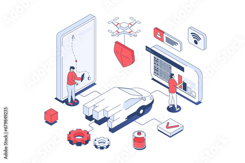 Smart car concept in 3d isometric design. Men managing electric car at mobile phone app, creating routes in online navigation map. Illustration with isometry people scene for web graphic.