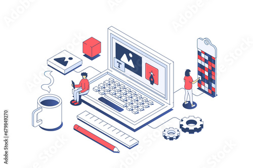 Web design concept in 3d isometric design. Designer team creating digital content and site elements, making and settings homepages. Illustration with isometry people scene for web graphic. photo