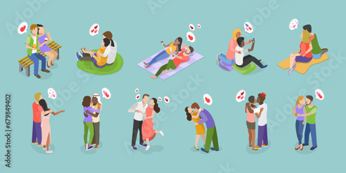 3D Isometric Flat Vector Set of Lovers Couples  Adorable Romantic Scenes