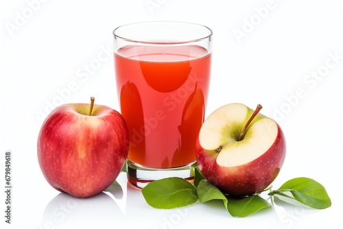 a glass of juice next to apples