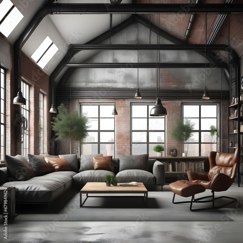 Living room loft in industrial style ,3d render 