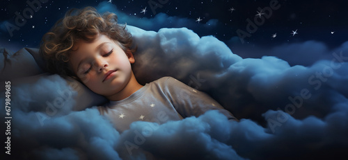 A boy sleeping against the background of the moon and stars. He sleeps among the clouds photo