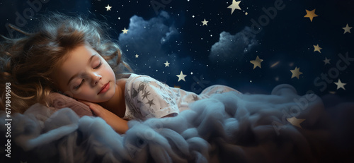 A girl sleeping against the background of the moon and stars. He sleeps among the clouds