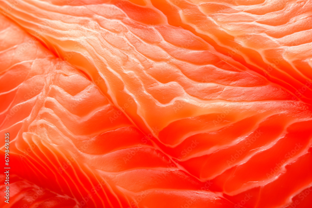 Closeup of the salmon slices with a red streaked texture. Macro photo of natural Atlantic Norwegian trout fillet