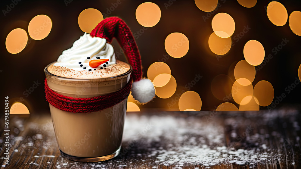 Illustration of latte art cup with milk foam snowman. Christmas coffee cup. Cozy atmosphere. Holiday background with copy space. Christmas and New Year cappuccino coffee. Illustration of latte art cup with milk foam snowman. Christmas coffee cup. Cozy atmosphere. Holiday background with copy space. Christmas and New Year cappuccino coffee.