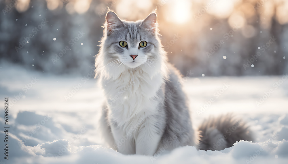 features a well-groomed white and gray cat sitting in snow and looking at the camera, adding warmth to the winter scene. 