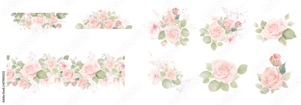 Watercolor pink rose flower and leaf bouquets, borders and frames clipart. barbie pink Floral Vector Illustration. Isolated Wedding Clipart Illustration for Invitation card, Logo, Greeting Card