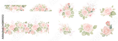 Watercolor pink rose flower and leaf bouquets, borders and frames clipart. barbie pink Floral Vector Illustration. Isolated Wedding Clipart Illustration for Invitation card, Logo, Greeting Card