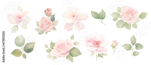 Watercolor pink rose flower and leaf bouquets, borders and frames clipart. barbie pink Floral Vector Illustration. Isolated Wedding Clipart Illustration for Invitation card, Logo, Greeting Card © Yevheniia Poli