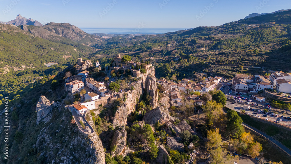 Aerial drone photo of the mountain village named Guadalest in the province of Alicante, Spain