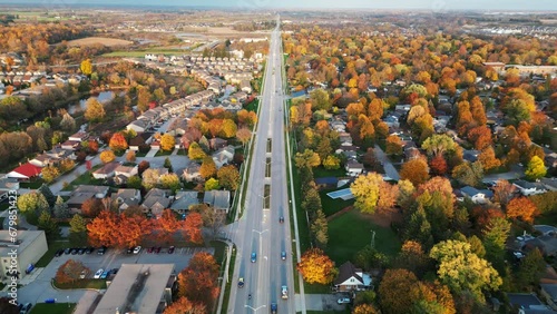 An aerial view above the road during sunset. photo