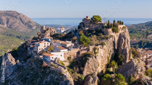 Aerial drone photo of the mountain village named Guadalest in the province of Alicante  Spain