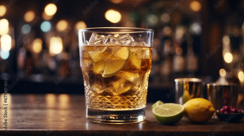 Alcohol with lemon and ice in the bar. Dark background. Space for text. Cocktail on the bar counter