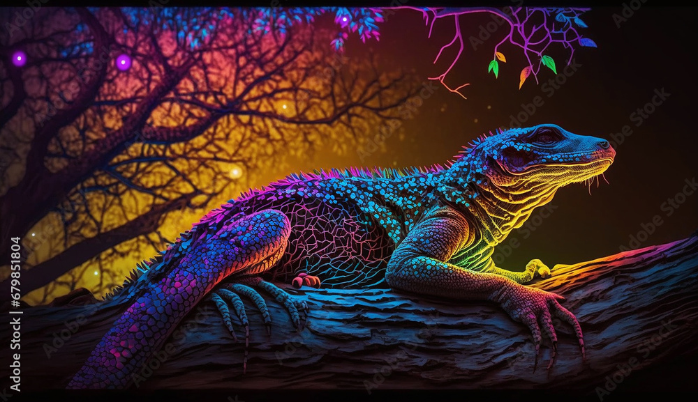 Obraz premium Neon light Monitor lizard animal tree AI Generated illustration