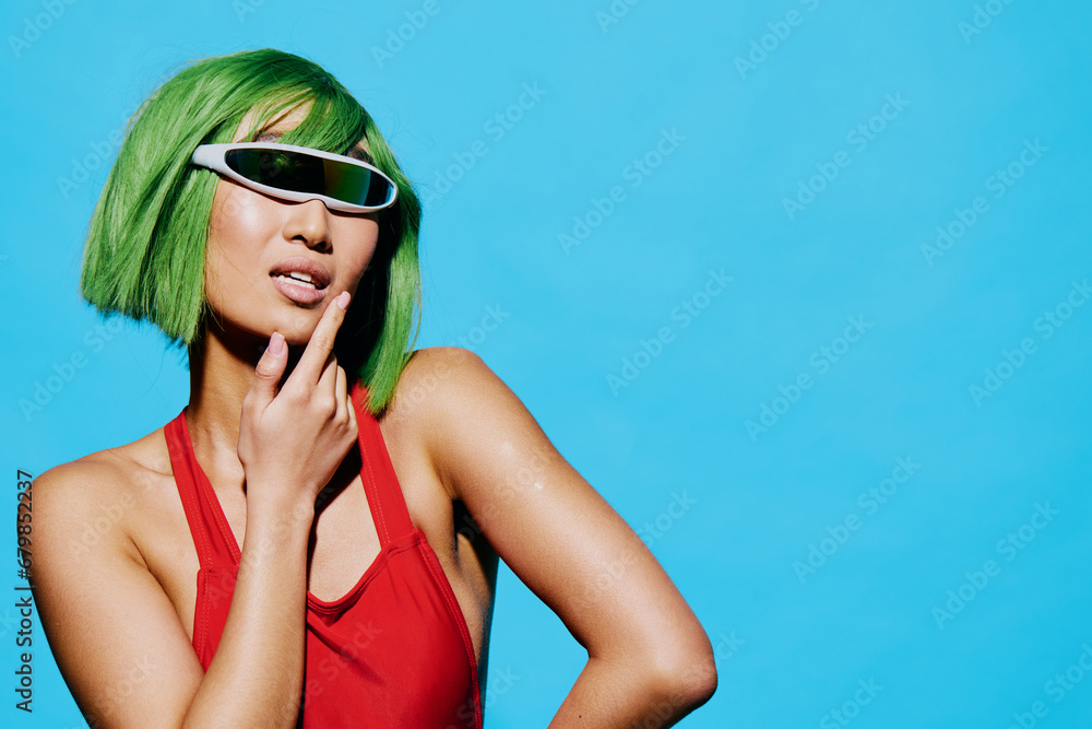Woman smile beauty fashion sunglasses swimsuit retro wig trendy portrait summer Woman smile beauty fashion sunglasses swimsuit retro wig trendy portrait summer