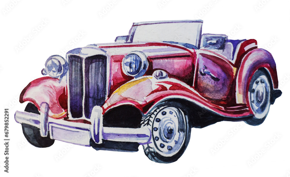 Retro  car design. Watercolor hand painted old automobile illustration. Vintage vehicle themed clipart.