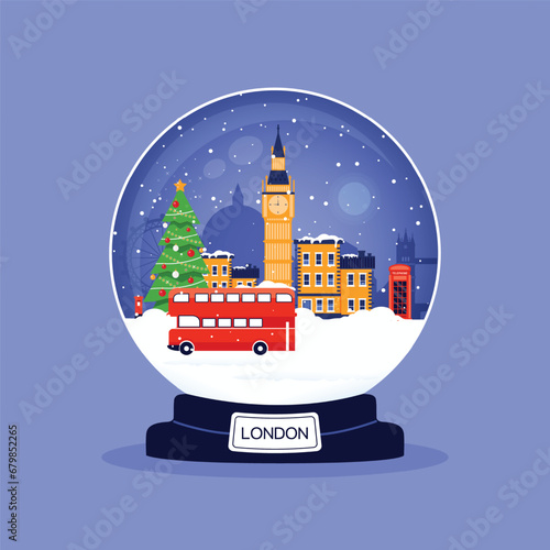 London winter globe. Snow globe with London city and landmarks. Flat design vector illustration.