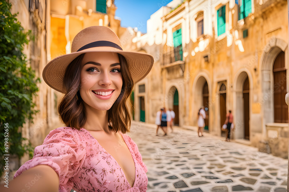 Beautiful tourist girl with pink dress and hat takes self portrait in historic city of southern Europe