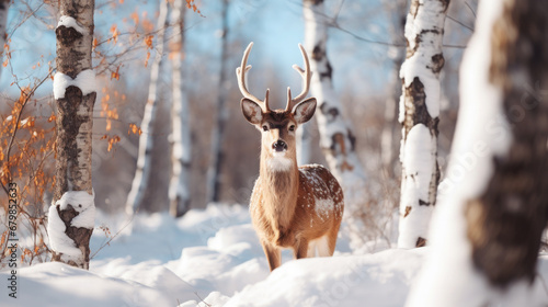 Wallpaper Mural wild sika deer in the forest, trees, fawn, roe, antlers, winter, snow, new year, christmas, postcard, nature, cute, animal, eve, fairy tale Torontodigital.ca