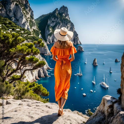 Holidays on Capri Island. Back view of beautiful elegant woman enjoying view of the Faraglioni stacks sea in Capri. Summer vacation in Italy. photo