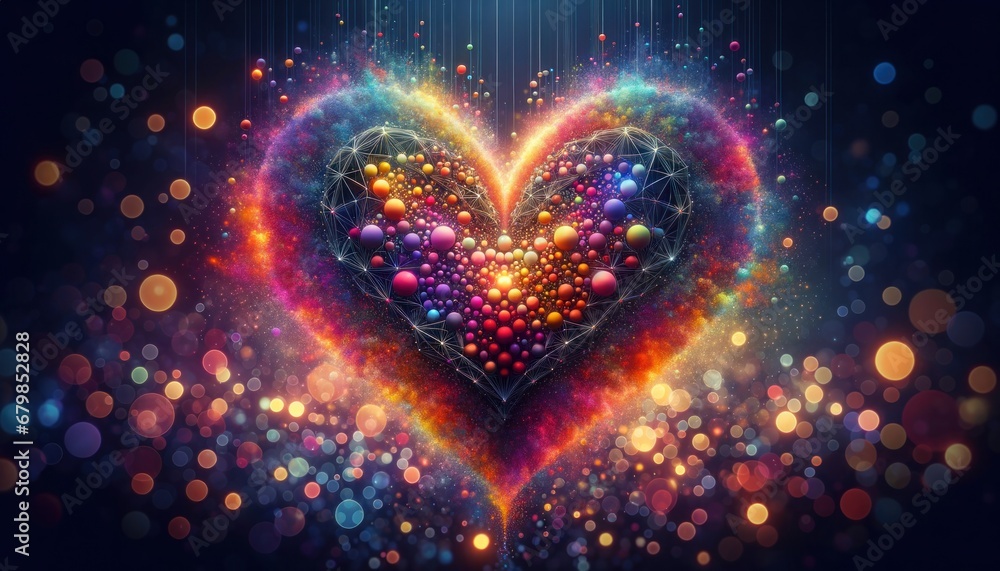 A 3d-rendered heart filled with colorful spheres, set against a soft bokeh background, evoking a cheerful mood A 3d-rendered heart filled with colorful spheres, set against a soft bokeh background, evoking a cheerful mood