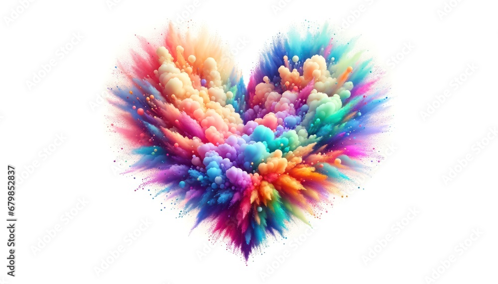 A heart-shaped explosion of vibrant colors against a pure white background, conveying love and energy