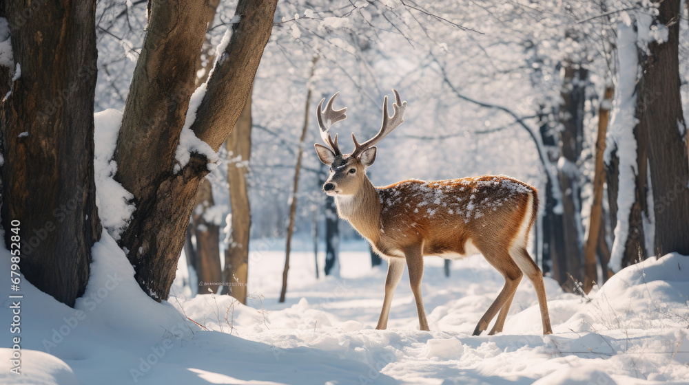wild sika deer in the forest, trees, fawn, roe, antlers, winter, snow, new year, christmas, postcard, nature, cute, animal, eve, fairy tale wild sika deer in the forest, trees, fawn, roe, antlers, winter, snow, new year, christmas, postcard, nature, cute, animal, eve, fairy tale