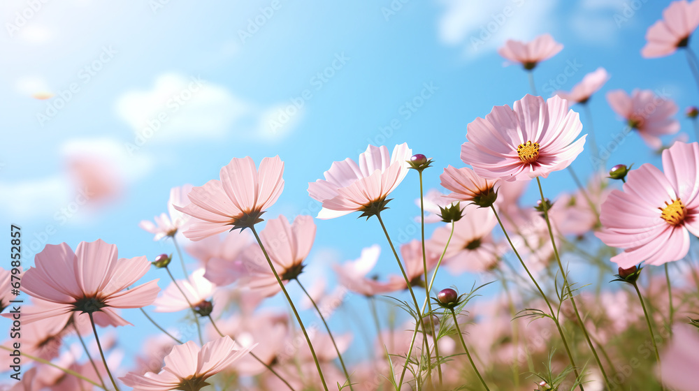 Cosmos flowers on a flower field against a blue sky, in nature, sweet background, summer, blurred floral background, light pink and dark pink cosmos