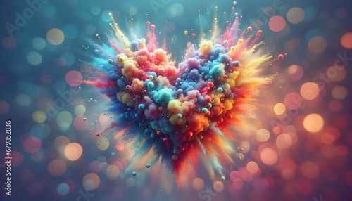 Artistic rendering of a vibrant exploding heart against a soft, bokeh-lighted background