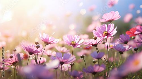 Cosmos flowers on a flower field, in nature, summer background, blurred floral background, light pink and dark pink cosmos