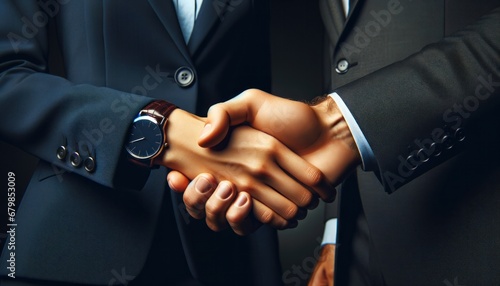 Two businessmen in suits engaging in a firm, confident handshake, signifying a professional agreement