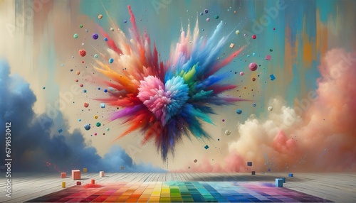 Artistic depiction of a colorful burst above a vibrant rainbow path leading to a hazy horizon
