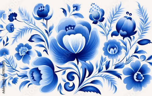  Gzhel Porcelain Design with Blue Floral Motifs on White